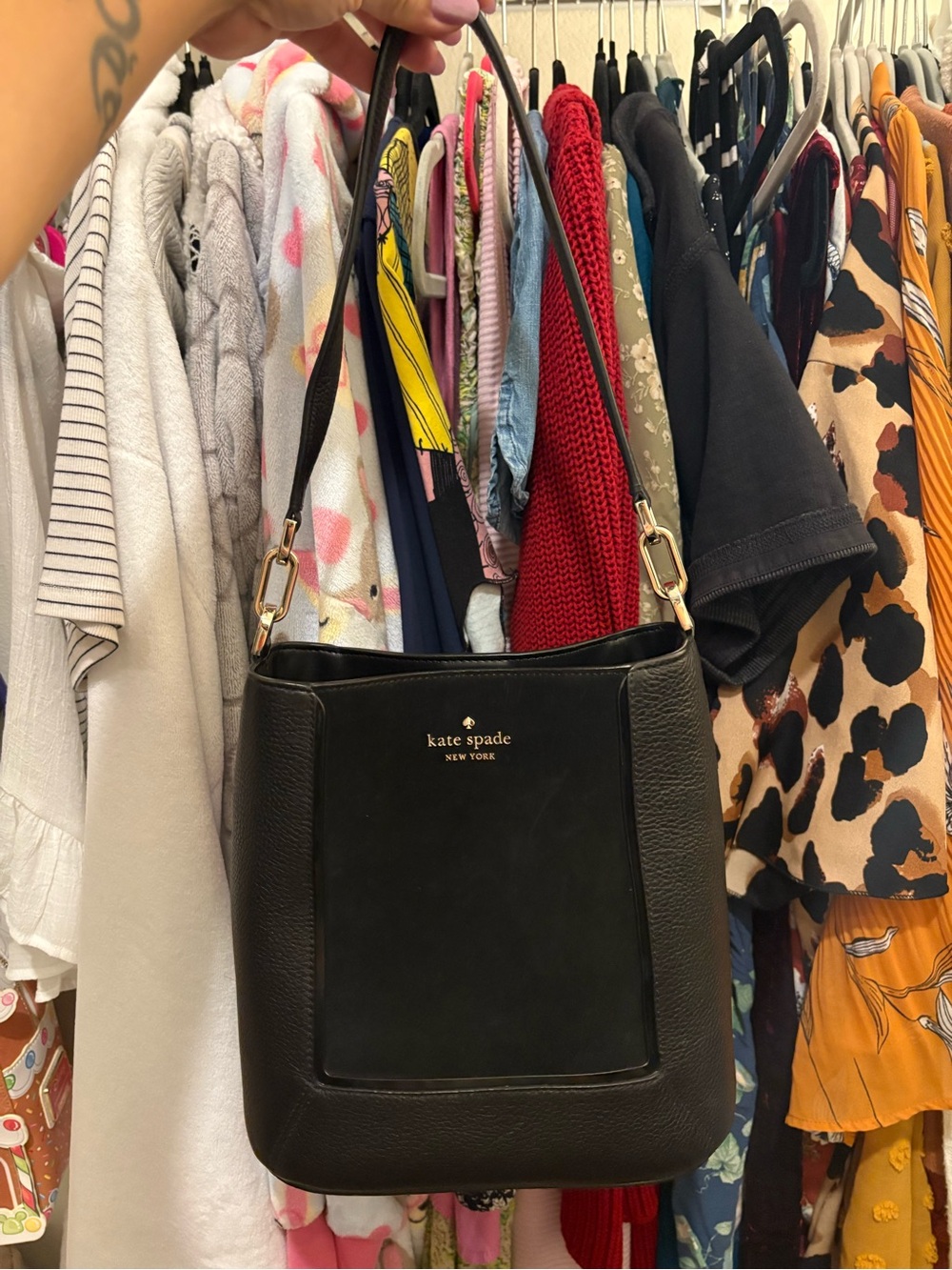 Kate Spade | Lena Bucket Handbag | Black Leather w/Suede